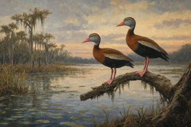 Black-bellied Whistling Ducks on Cypress Limb, oil-painting-style print