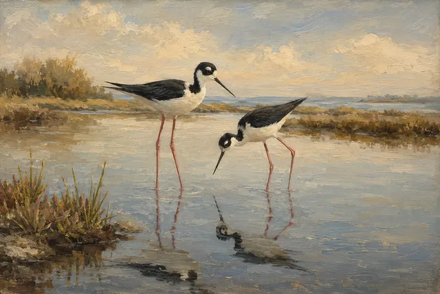 Black-necked Stilt Pair in Salt Pond, oil-painting-style print