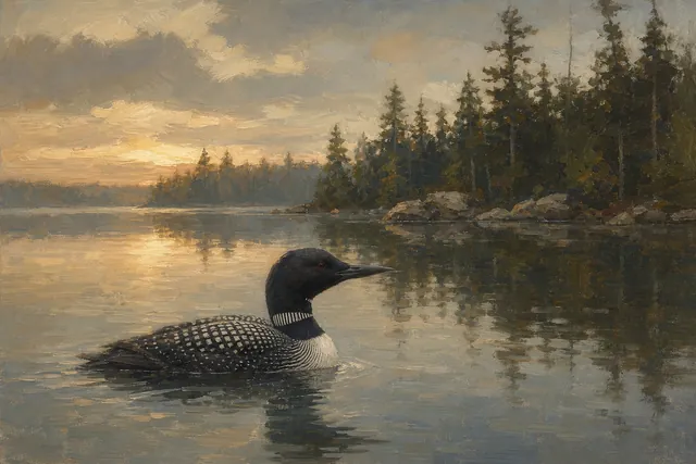 Common Loon on Northern Lake, oil-painting-style print