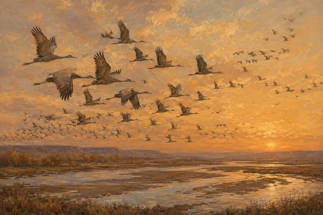 Cranes Returning to the Platte, oil-painting-style print