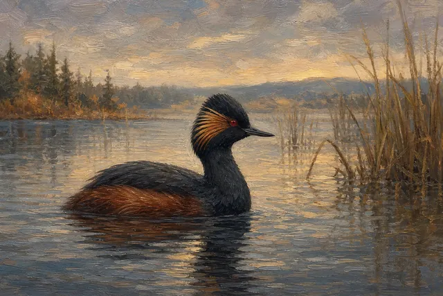 Eared Grebe on Western Lake, oil-painting-style print