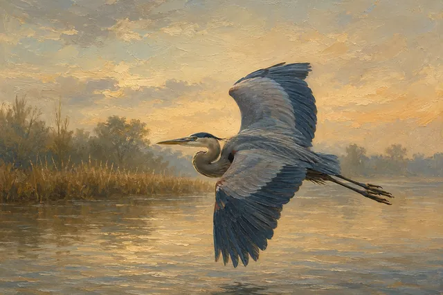 Great Blue Heron in Flight Over Water, oil-painting-style print