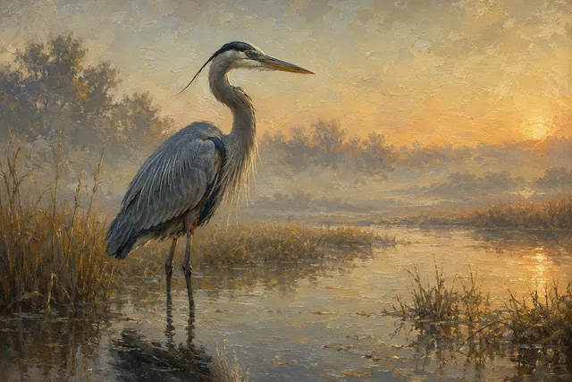 Great Blue Heron in Morning Marsh, oil-painting-style print