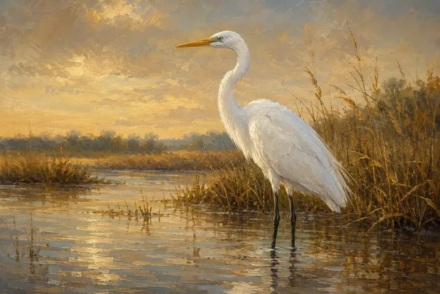 Great Egret in Golden Wetland, oil-painting-style print