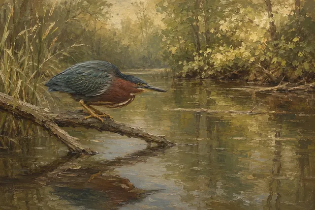 Green Heron on Weathered Branch, oil-painting-style print