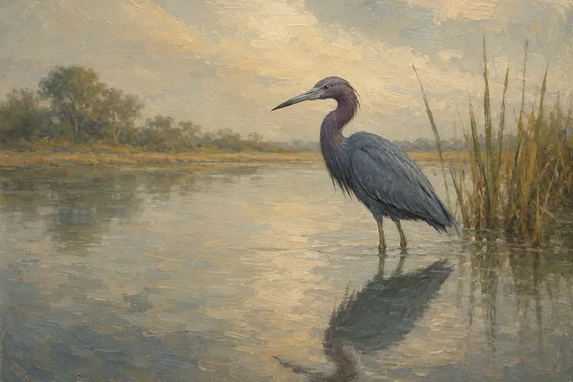 Little Blue Heron in Quiet Lagoon, oil-painting-style print