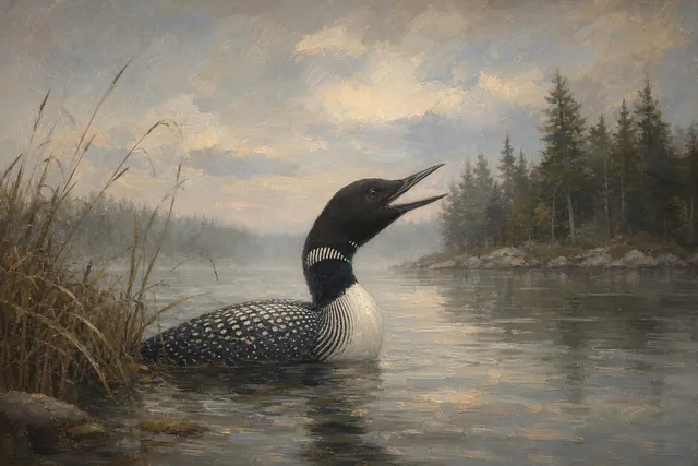 Loon Calling Across Misty Water, oil-painting-style print