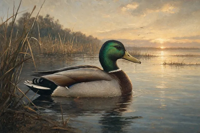 Mallard Drake at Dawn, oil-painting-style print