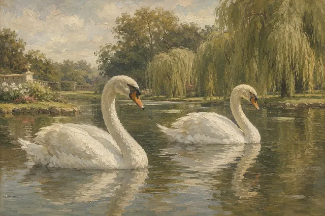 Mute Swan Pair in Garden Lake, oil-painting-style print