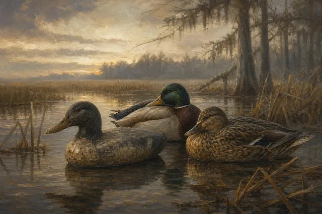 Old Decoy and Mallards at Dawn, oil-painting-style print