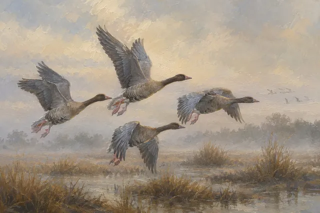 Pink-footed Geese in Mist, oil-painting-style print