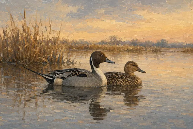 Pintail Pair at First Light, oil-painting-style print
