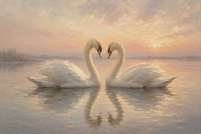 Swan Pair Under Soft Morning Sky, oil-painting-style print