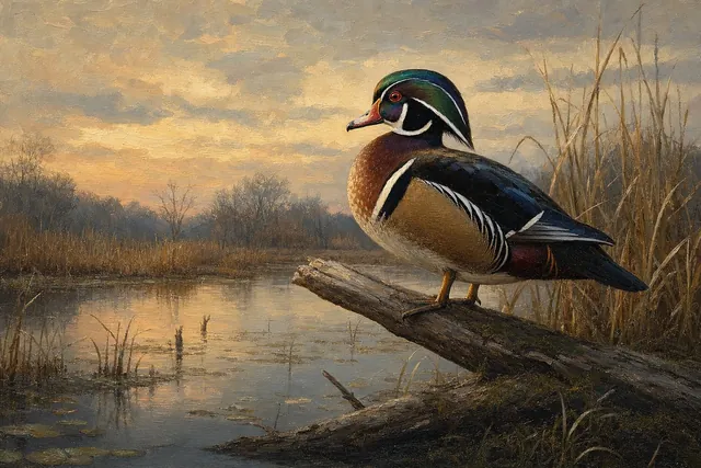 Wood Duck Drake on Fallen Branch, oil-painting-style print