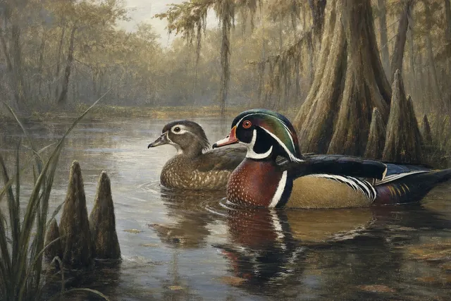Wood Duck Pair in Cypress Water, oil-painting-style print