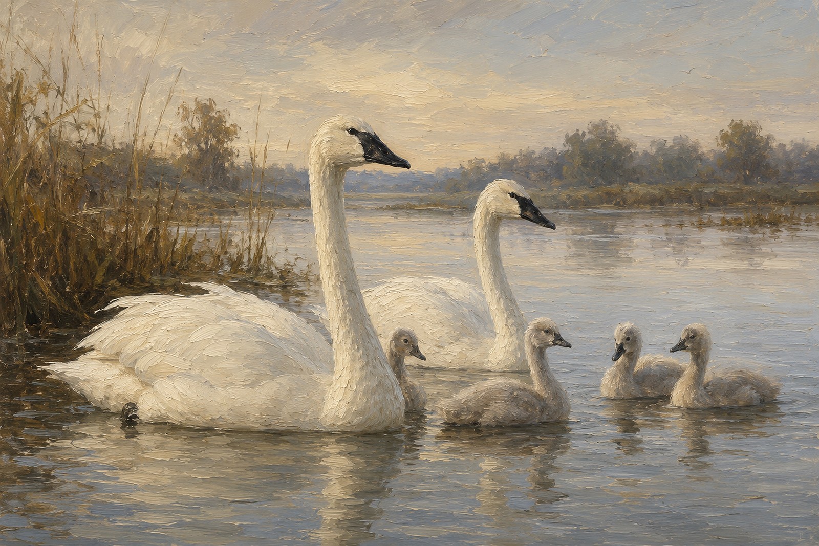 Trumpeter Swan Family with Cygnets