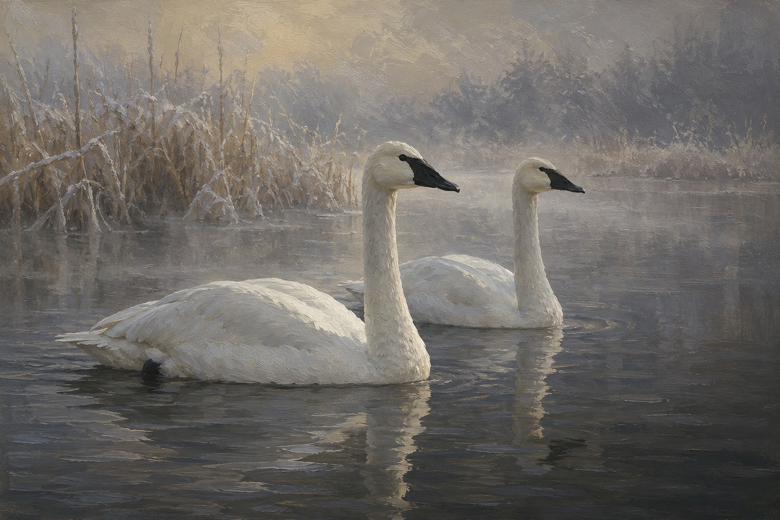 Trumpeter Swans in Winter Mist