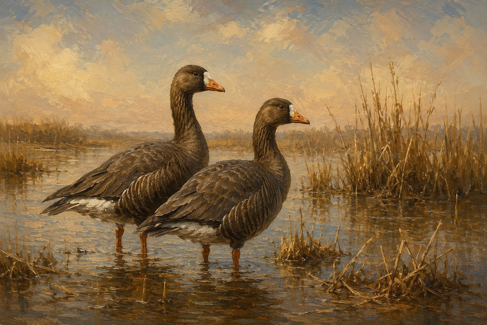 Tule Geese in California Wetland, oil-painting-style print