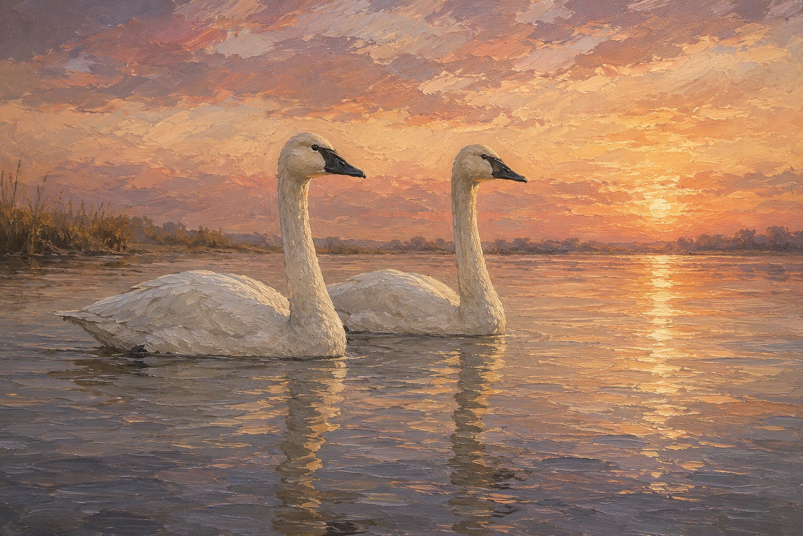 Tundra Swan Pair at Sunset, oil-painting-style print