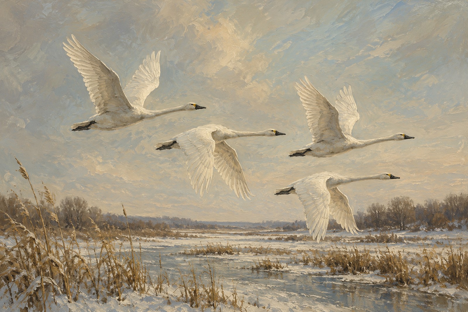Tundra Swans Over Snow Marsh