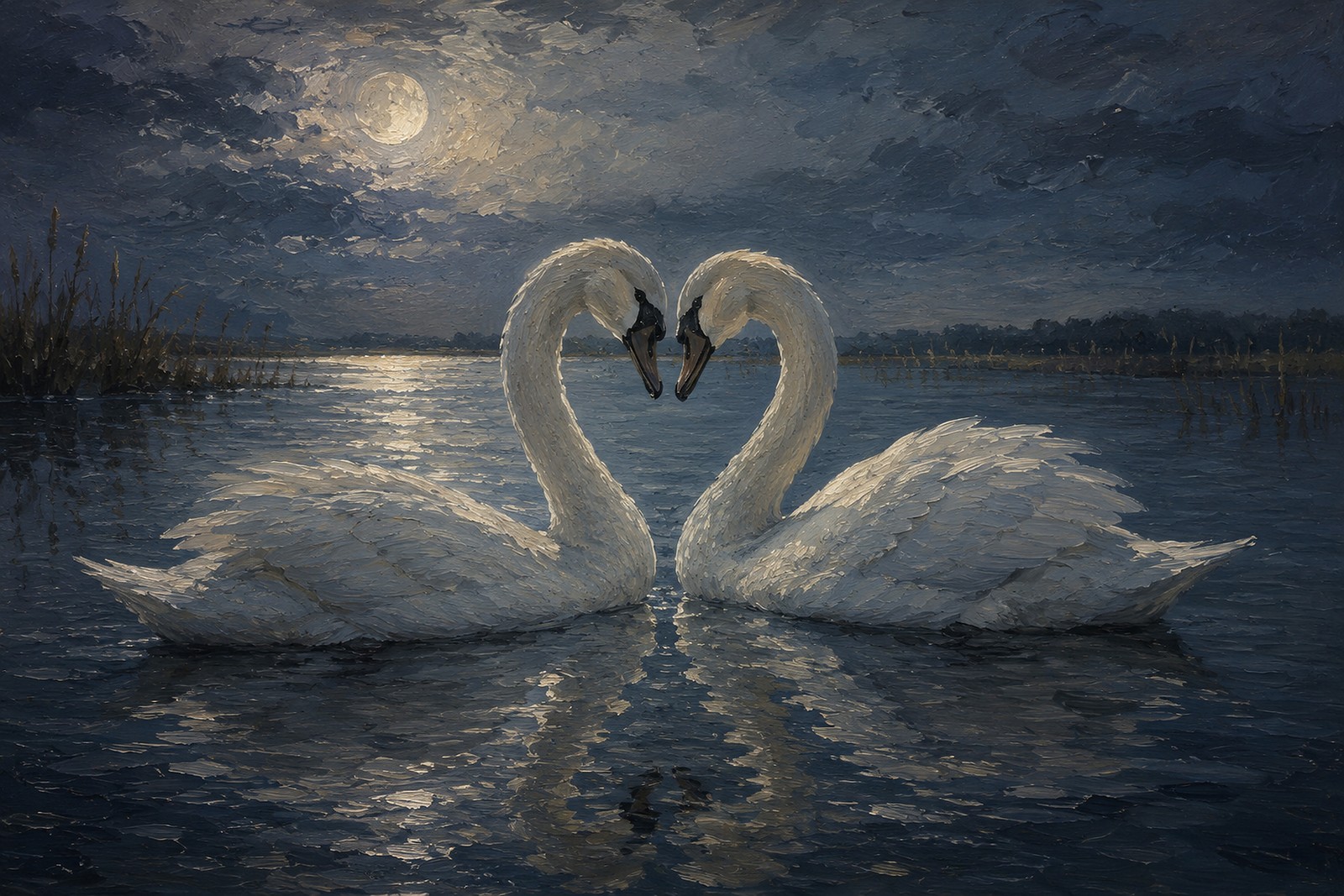 Two Swans in Moonlit Water, oil-painting-style print