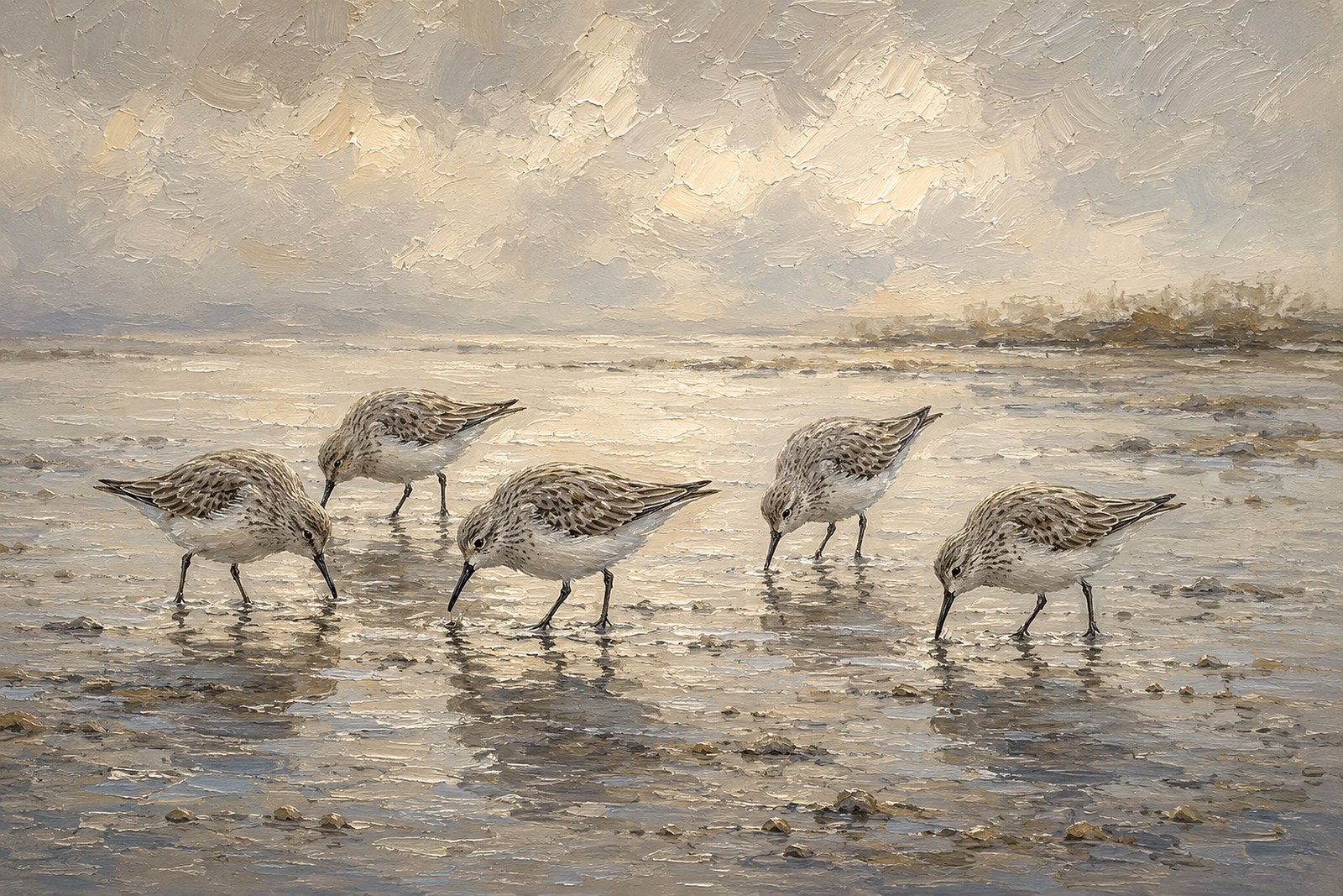 Western Sandpipers in Silver Light, oil-painting-style print