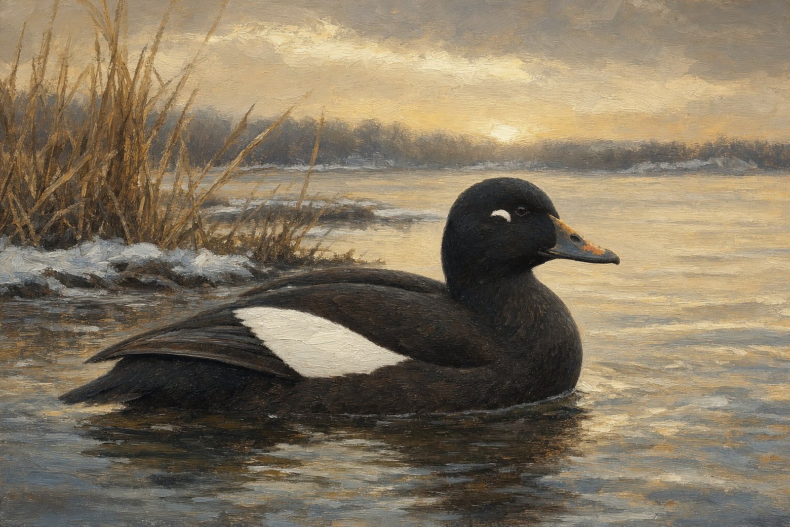 White-winged Scoter in Winter Sea, oil-painting-style print