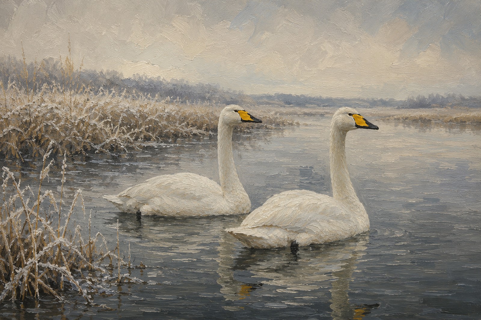 Whooper Swans in Pale Winter Light, oil-painting-style print