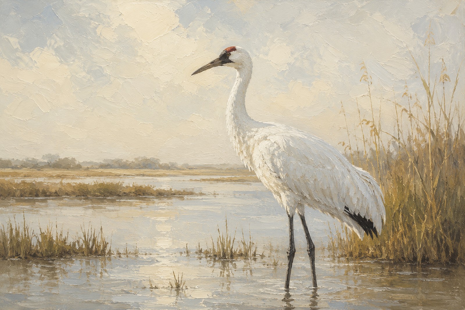 Whooping Crane in White Marsh Light, oil-painting-style print