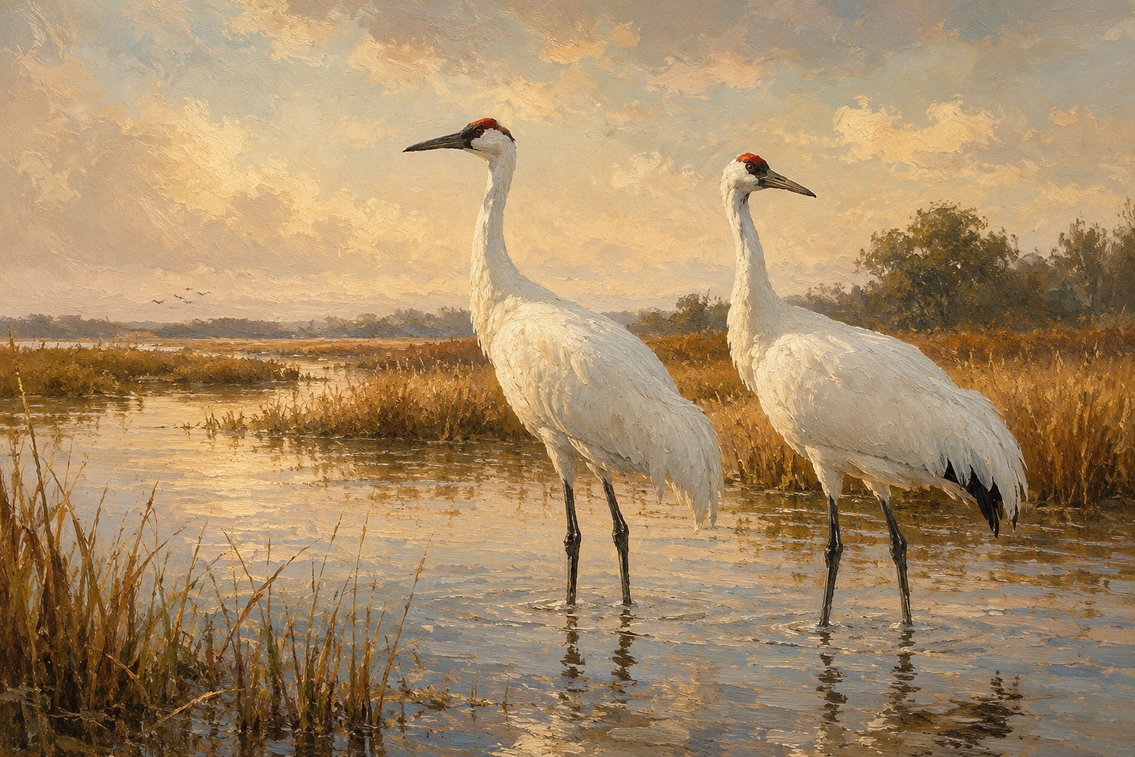 Whooping Crane Pair in Southern Wetland, oil-painting-style print
