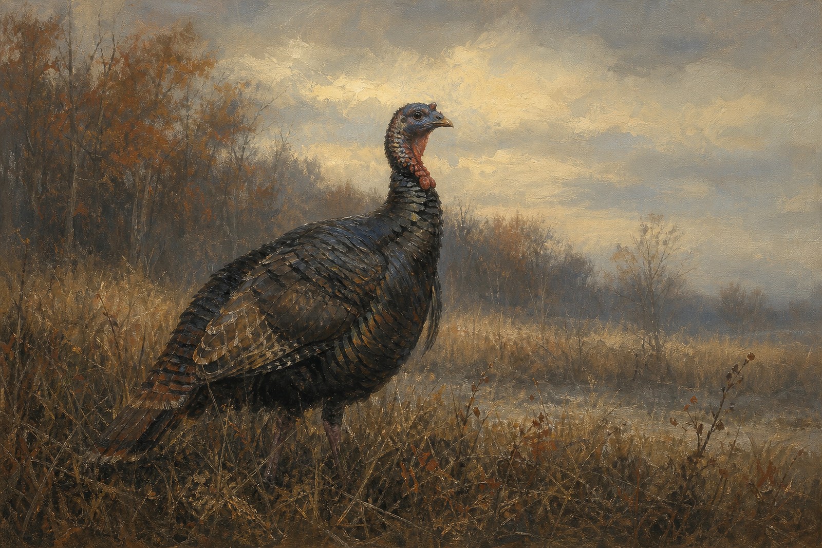 Wild Turkey in Misty Autumn Field