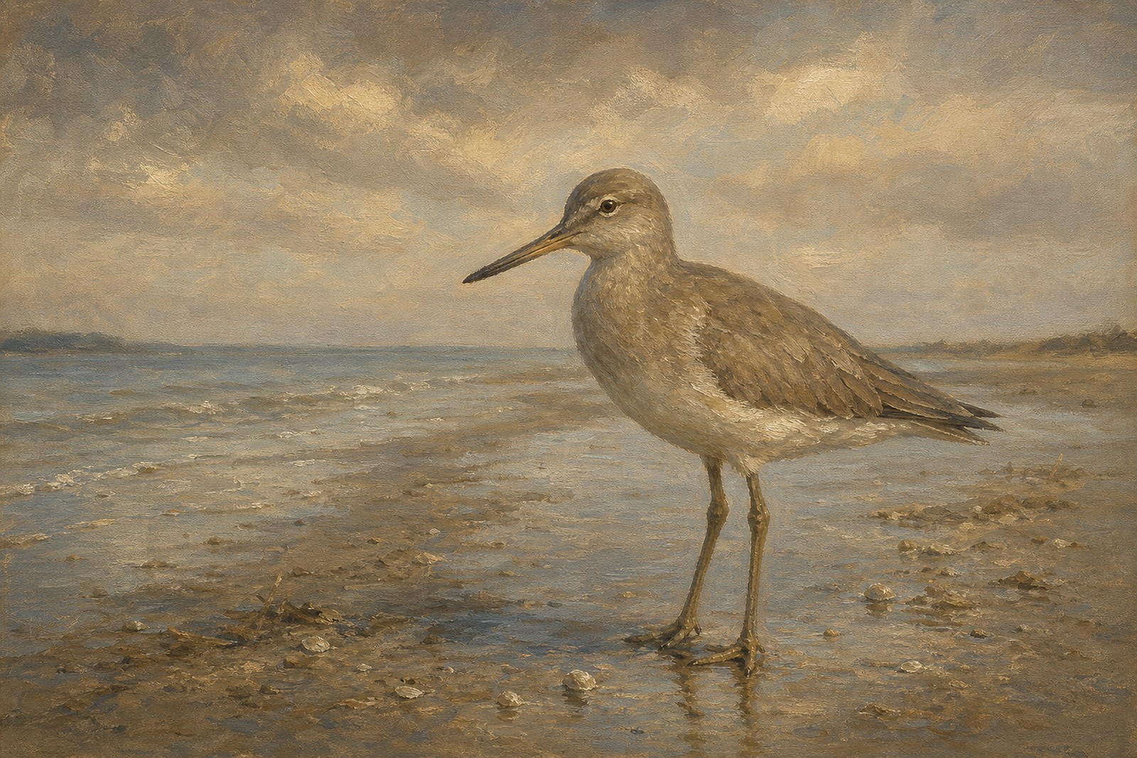 Willet on Quiet Beach, oil-painting-style print