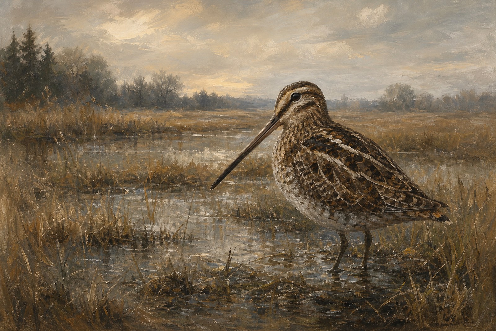 Wilson's Snipe in Wet Meadow, oil-painting-style print