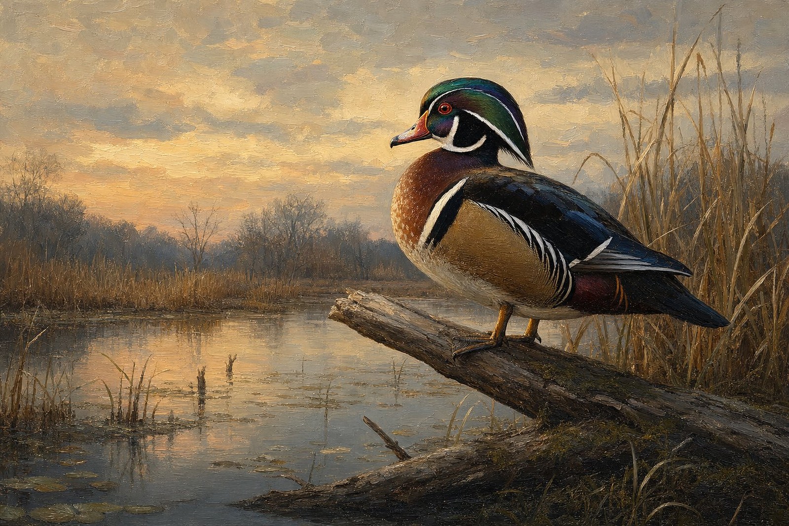 Wood Duck Drake on Fallen Branch, oil-painting-style print