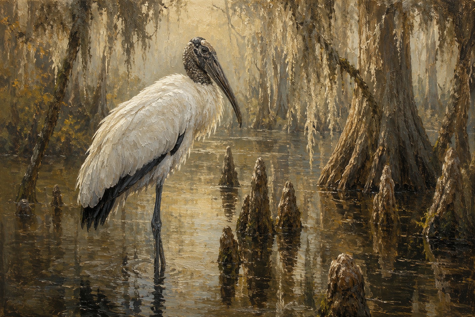 Wood Stork in Southern Cypress Swamp, oil-painting-style print