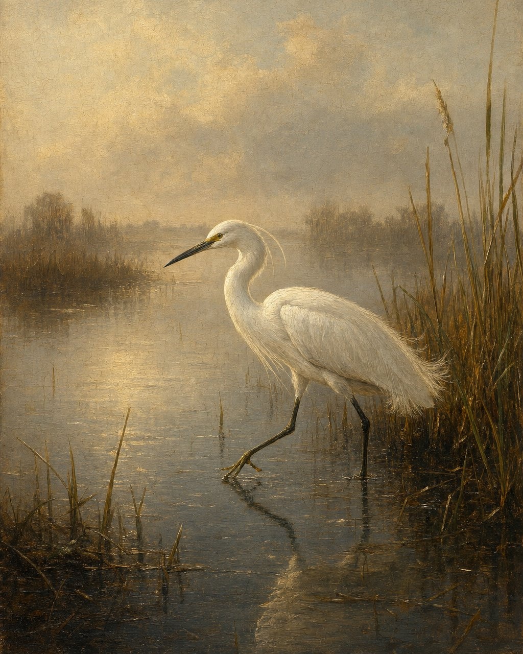 Snowy Egret, oil-painting-style print